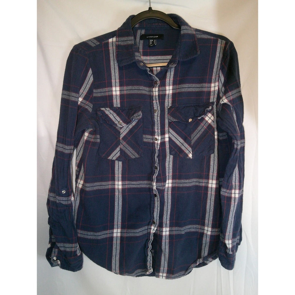 Atmosphere Women Plaid Flannel Shirt Long Sleeve Navy Red White Size 10